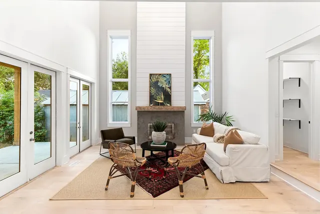 Vaulted living room with fireplace at 1108 Lenore St, Nashville, TN 37206