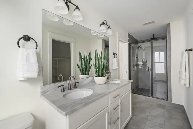 Double vanity and glass shower at 1708 B 4th Ave N, Nashville, TN 37208